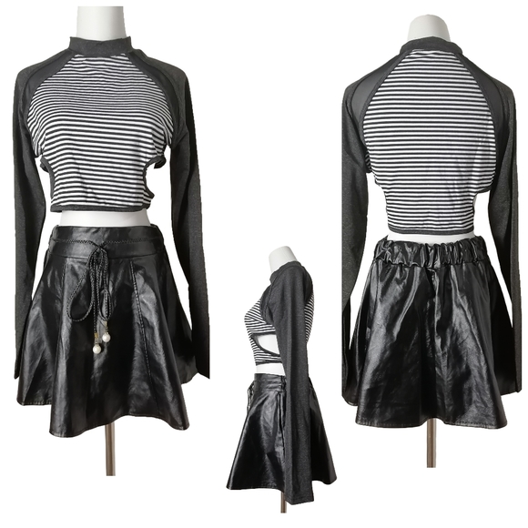 sz:m, black and white striped long-sleeve crop top and black faux leather skirt - Picture 8 of 8